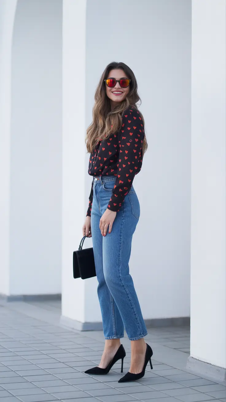 classy spring outfits 2026 Heart-Print Blouse with Classic Denim for a Playful Chic Look