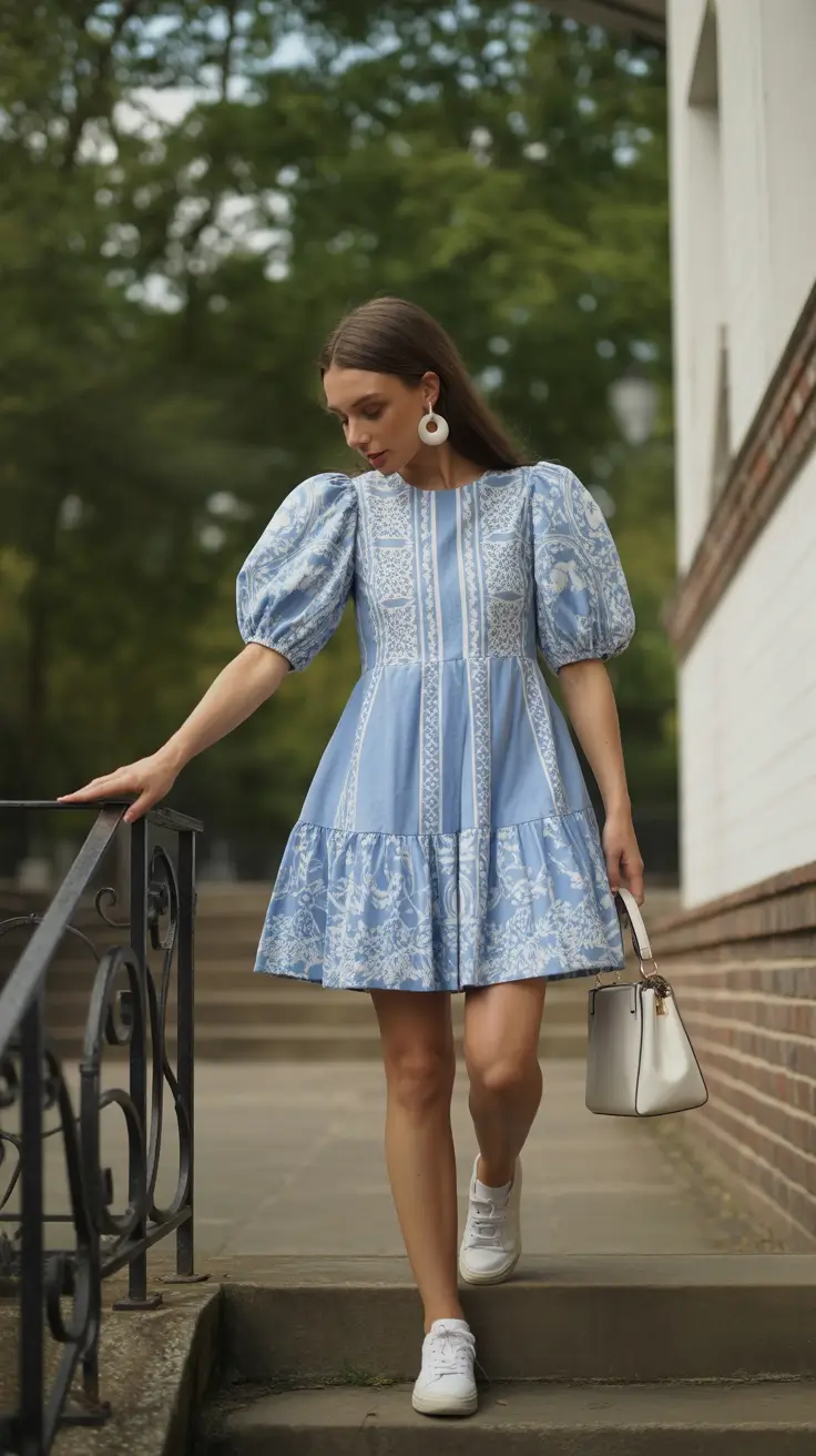 classy spring outfits 2026 Blue Puff-Sleeve Dress with Breezy Romantic Details
