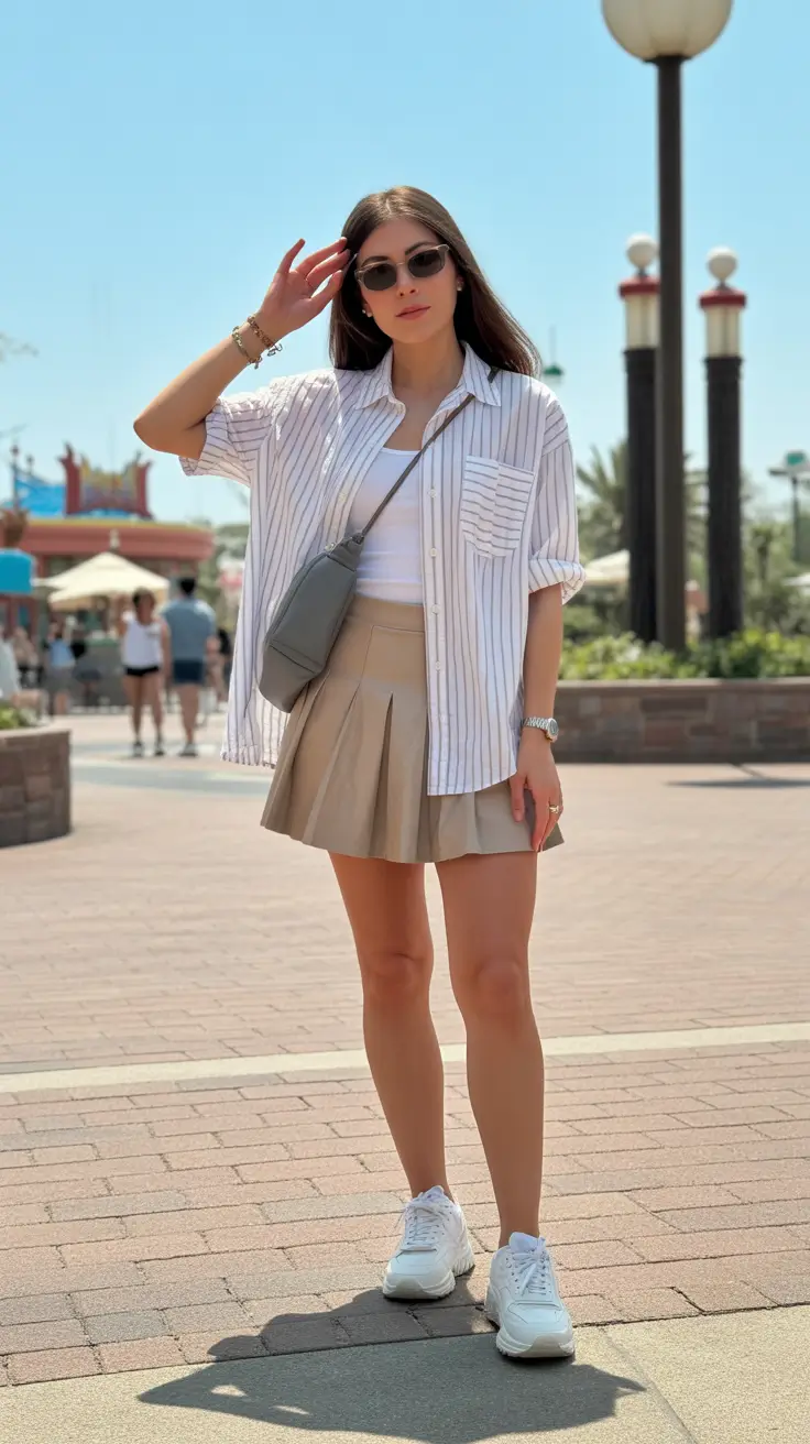 classy spring outfits 2026 Striped Overshirt with a Preppy Skirt for Fresh Spring Energy