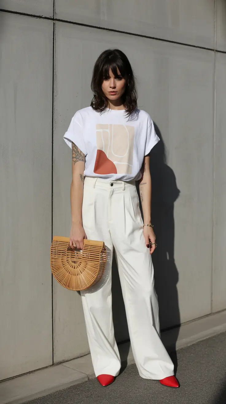 classy spring outfits 2026 Art-Inspired Tee with Tailored White Trousers