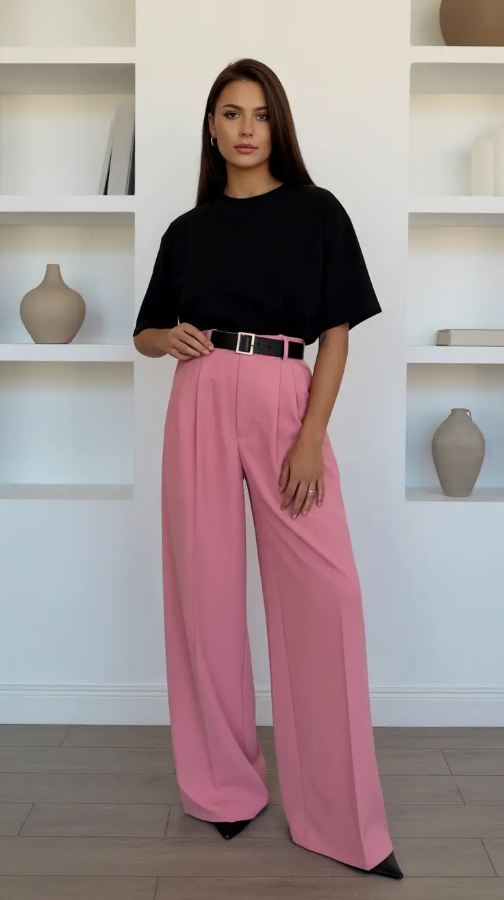 classy spring outfits 2026 Soft Black Tee with Tailored Pink Trousers