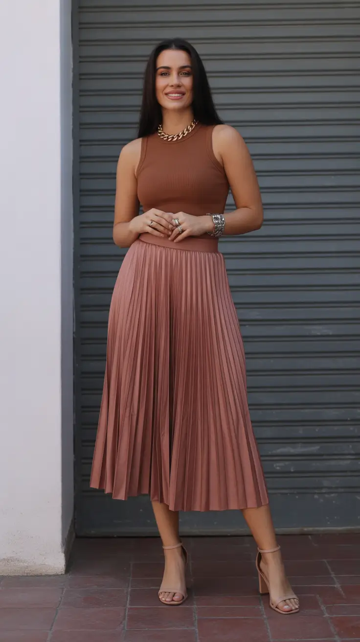 Comfy Every Day Spring Outfits 2026 - Warm Tonal Pleats for Elevated Spring Ease