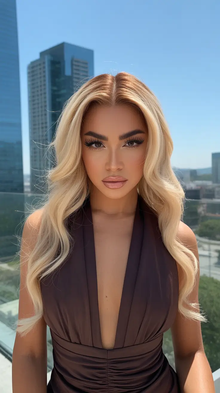 cool spring hair color for dark skin 2026 Soft Champagne Blonde with Shadowed Roots