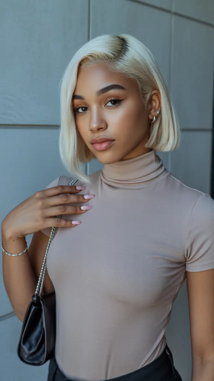 cool spring hair color for dark skin 2026 Icy Blonde Micro Bob with Clean Lines