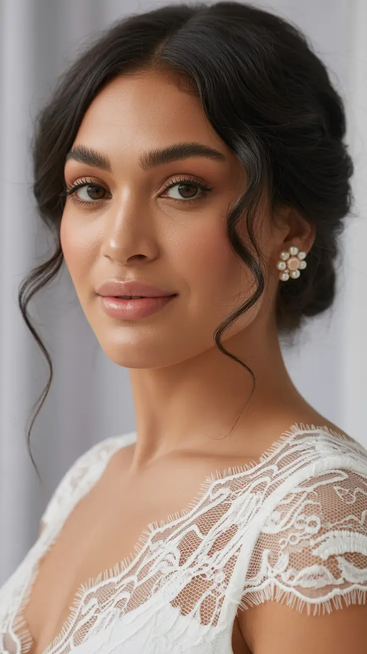 cool spring hair color for dark skin 2026 Soft Cool Brunette Updo with Face Framing Detail