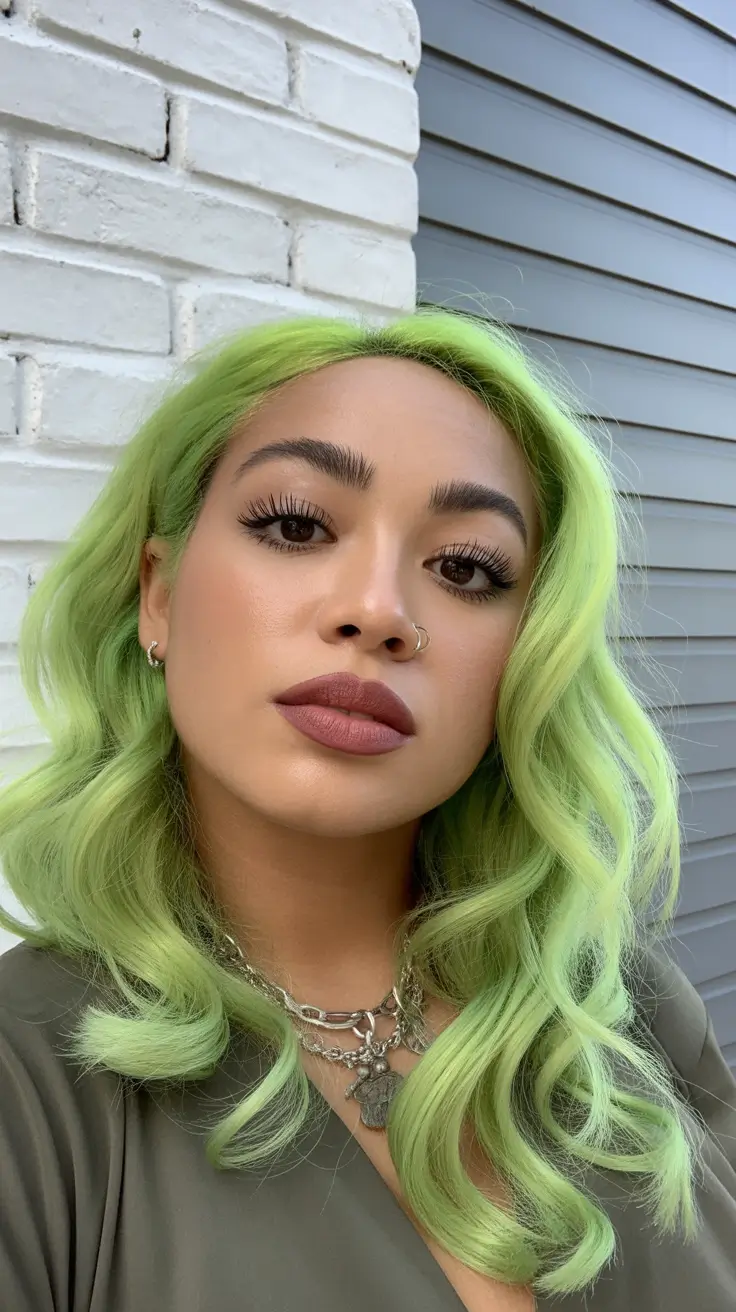 cool spring hair color for dark skin 2026 Cool Pistachio Green with Lived-In Waves