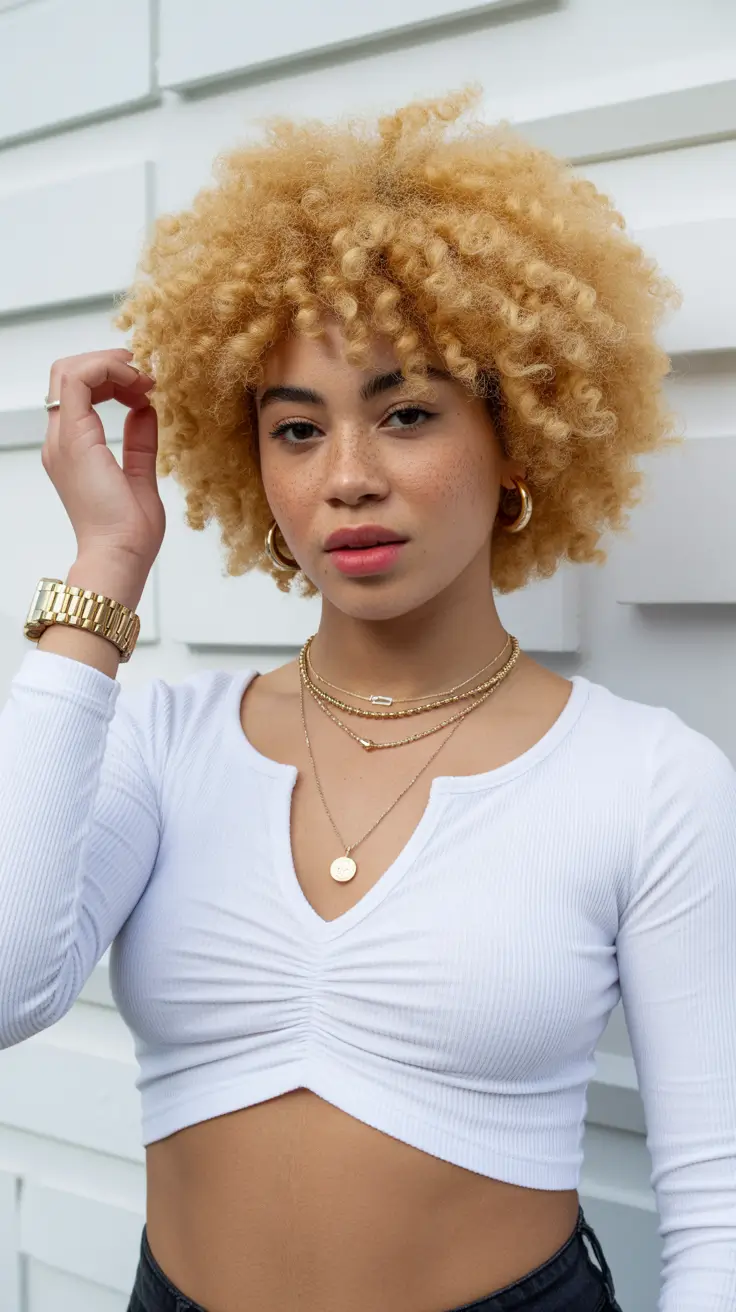 cool spring hair color for dark skin 2026 Cool Golden Blonde Afro with Soft Structure
