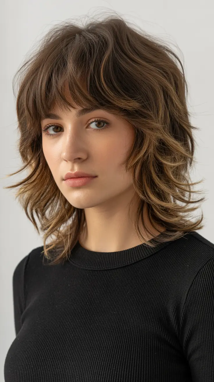 shag hairstyles Soft Caramel Medium Shag With Layered Fringe