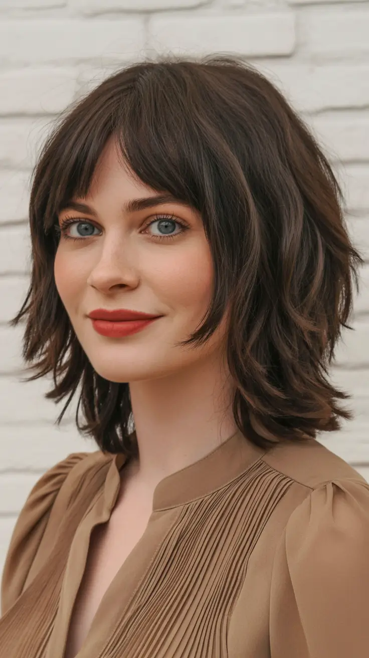 shag hairstyles Classic Brunette Medium Shag With Structured Fringe