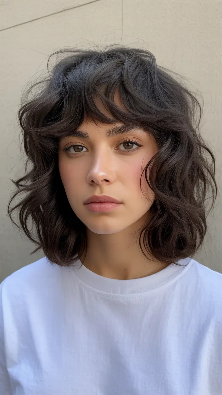 shag hairstyles Textured Brunette Shag With Wispy Bangs