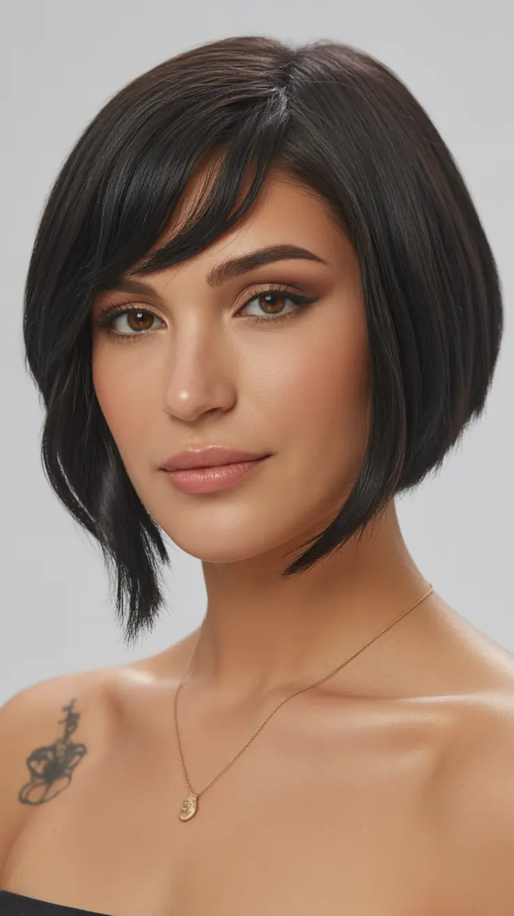 dreamy spring bob haircuts 2026 Midnight Angled Bob with Side Fringe - Sleek Modern Edge