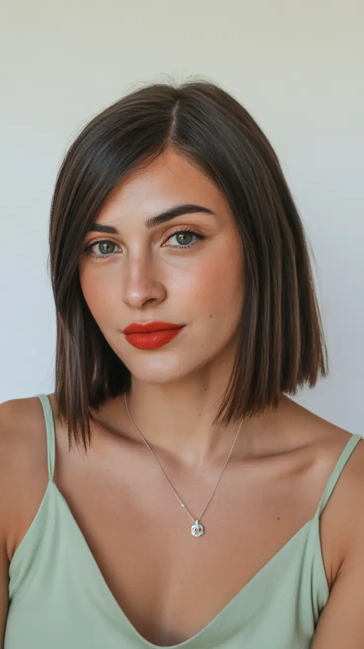 dreamy spring bob haircuts 2026 Feathered Brunette Midi Bob - Soft Natural Movement