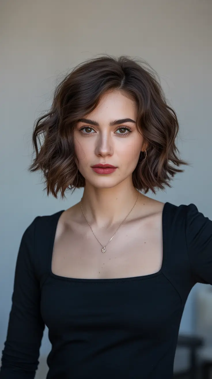 dreamy spring bob haircuts 2026 Soft Wavy Chocolate Bob - Relaxed Romantic Shape