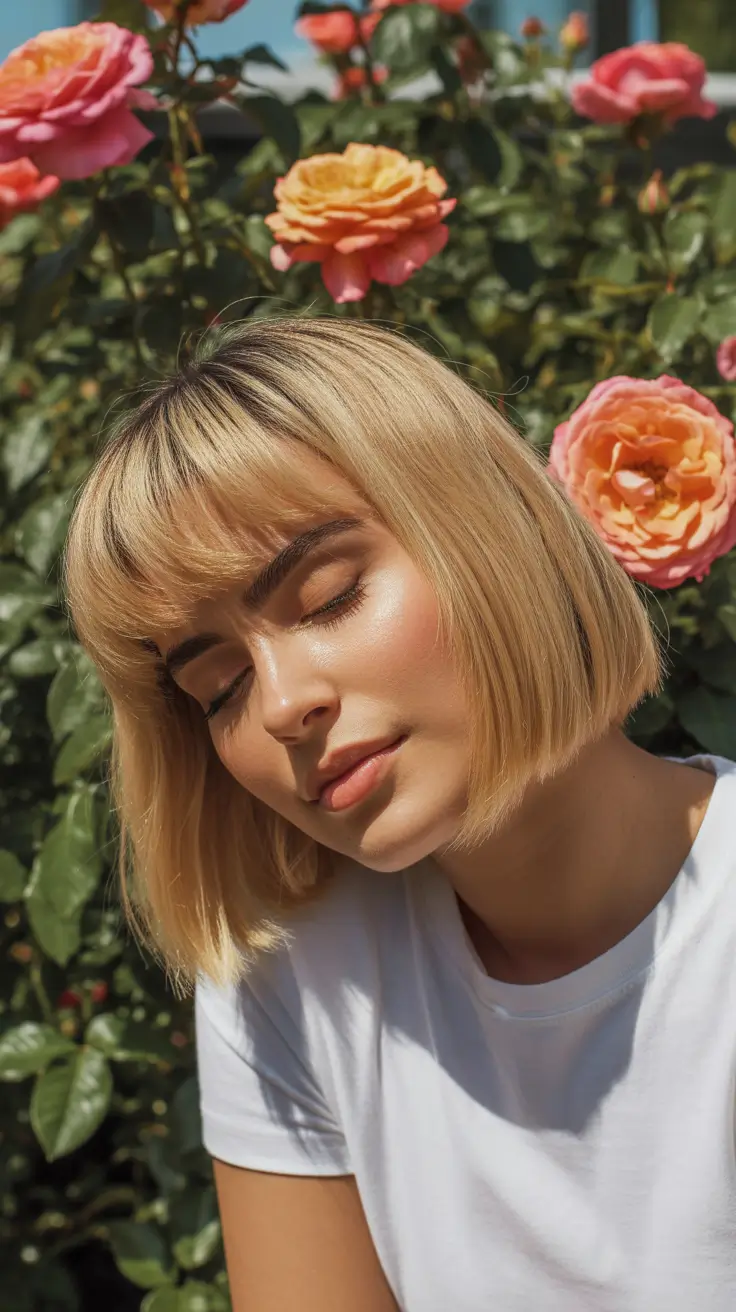 dreamy spring bob haircuts 2026 Garden Blonde Blunt Bob with Fringe - Fresh Spring Light