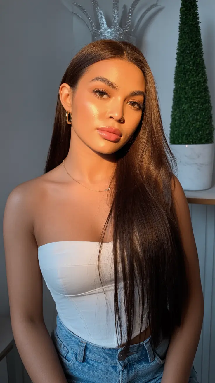 spring hair color warm skin tone Sunlit Chestnut Brown with Glassy Warm Finish