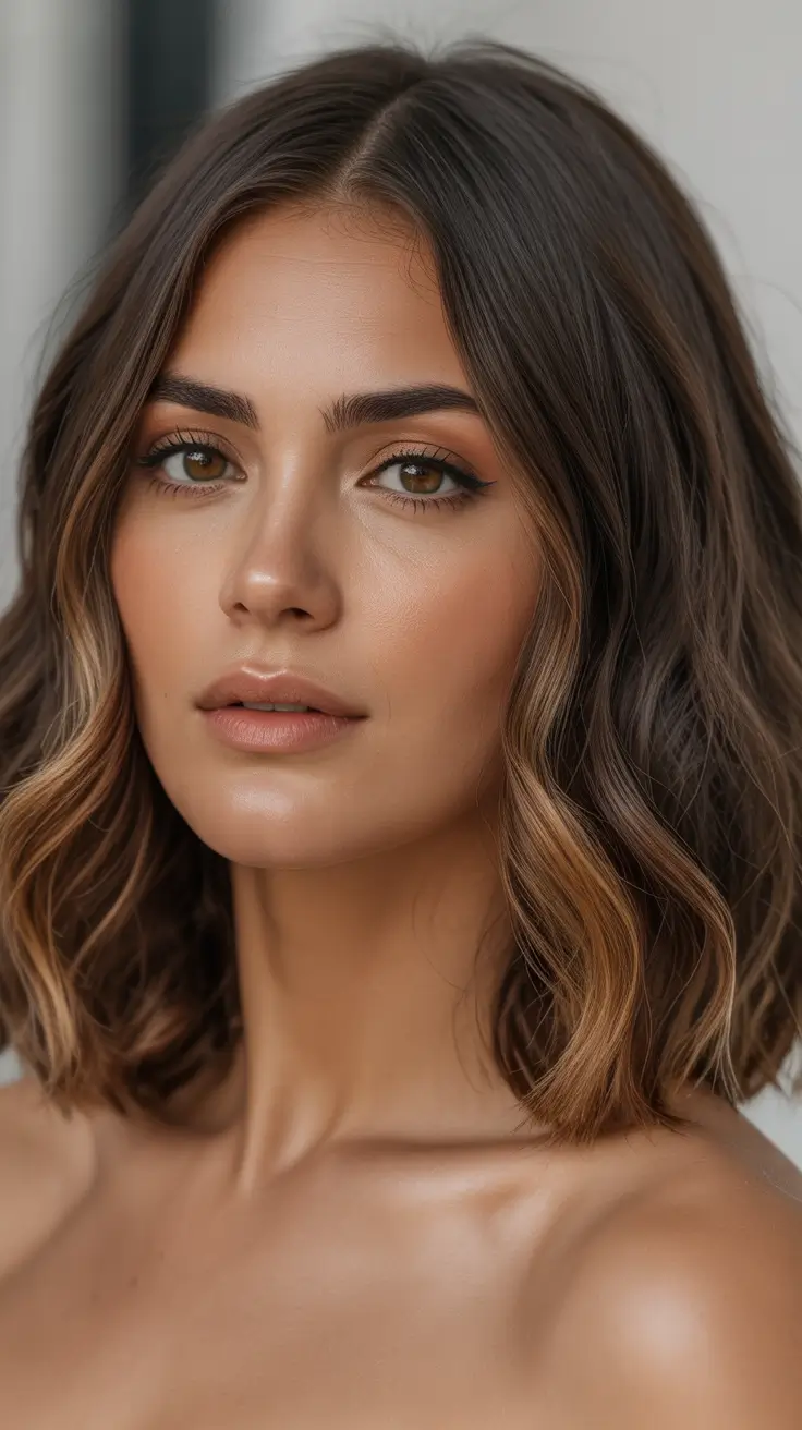 spring hair color warm skin tone Warm Brown Bob with Subtle Highlight Definition