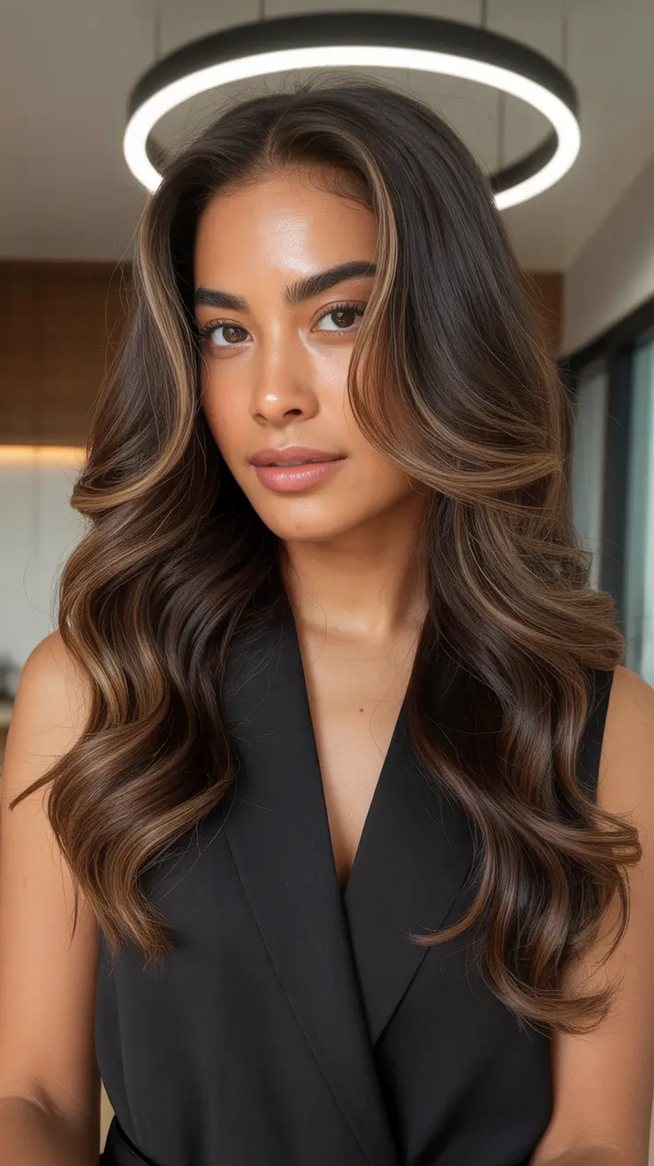 spring hair color warm skin tone Chocolate Brown with Soft Balayage Movement