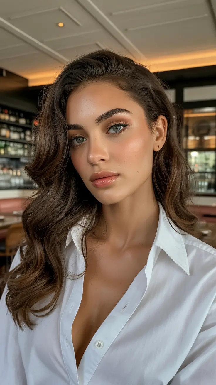 spring hair color warm skin tone Warm Brunette with Restaurant Light Glow