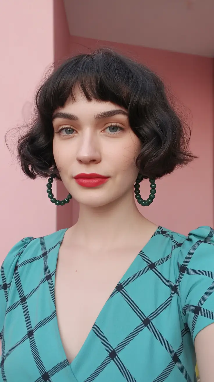 dreamy spring short haircuts 2026 Glossy Dark Wavy Bob With Micro Bangs