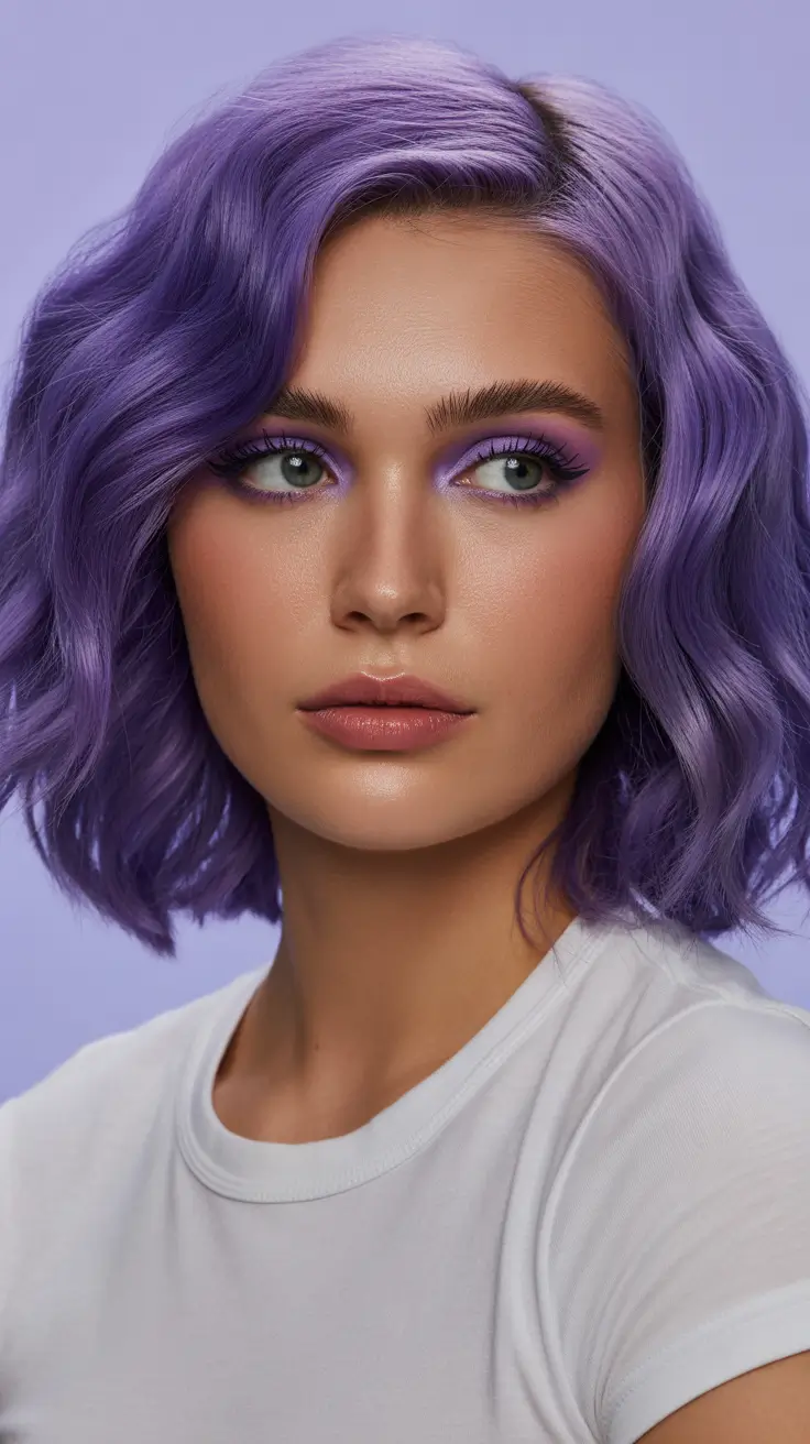 dreamy spring short haircuts 2026 Soft Violet Wavy Bob With Side Volume