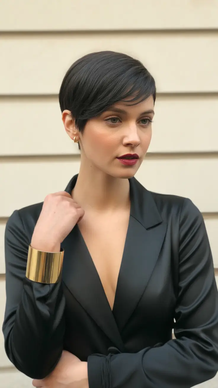 dreamy spring short haircuts 2026 Polished Espresso Side-Swept Pixie