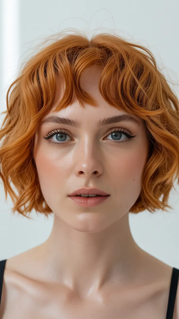 dreamy spring short haircuts 2026 Soft Copper Micro Bob With Baby Fringe