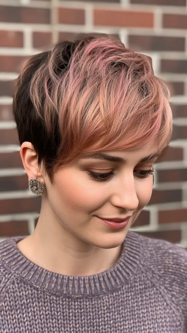 dreamy spring short haircuts 2026 Rose-Toned Textured Pixie With Long Crown