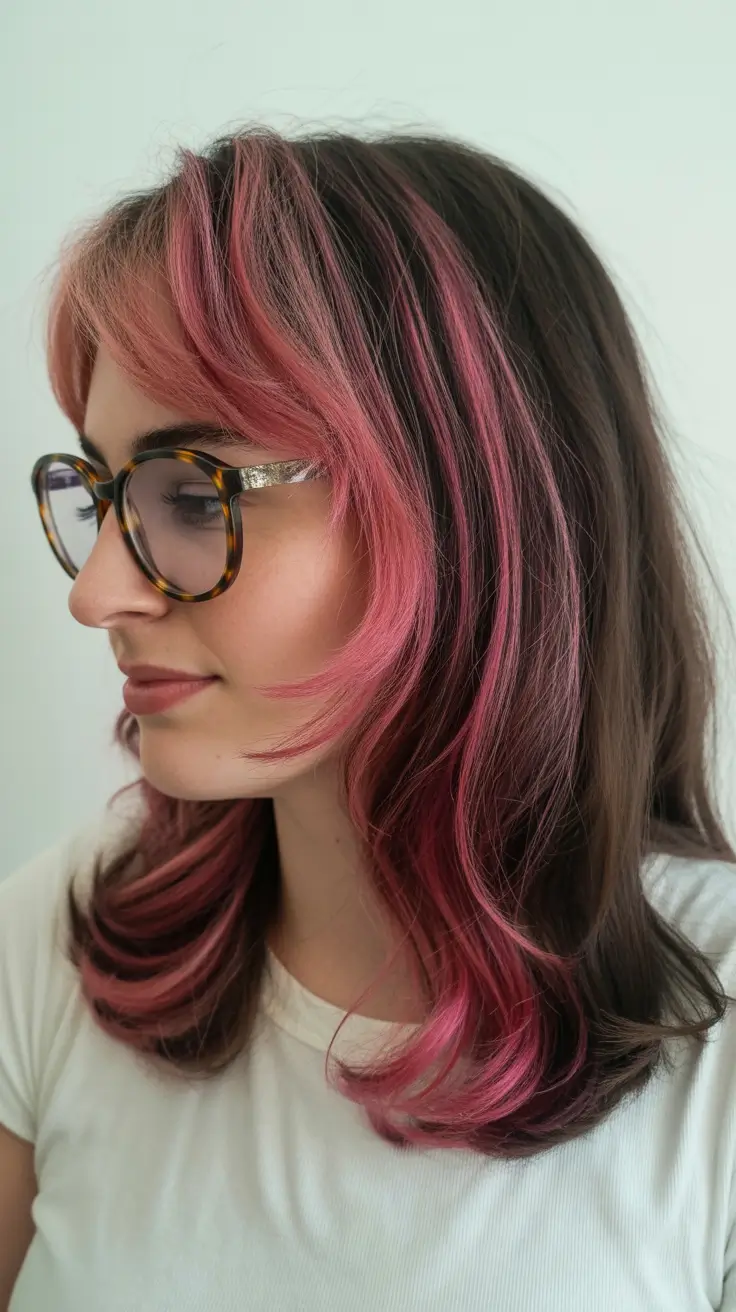 easy spring hair color ideas 2026 to look younger - Playful Pink Money Piece With Chocolate Ribbons