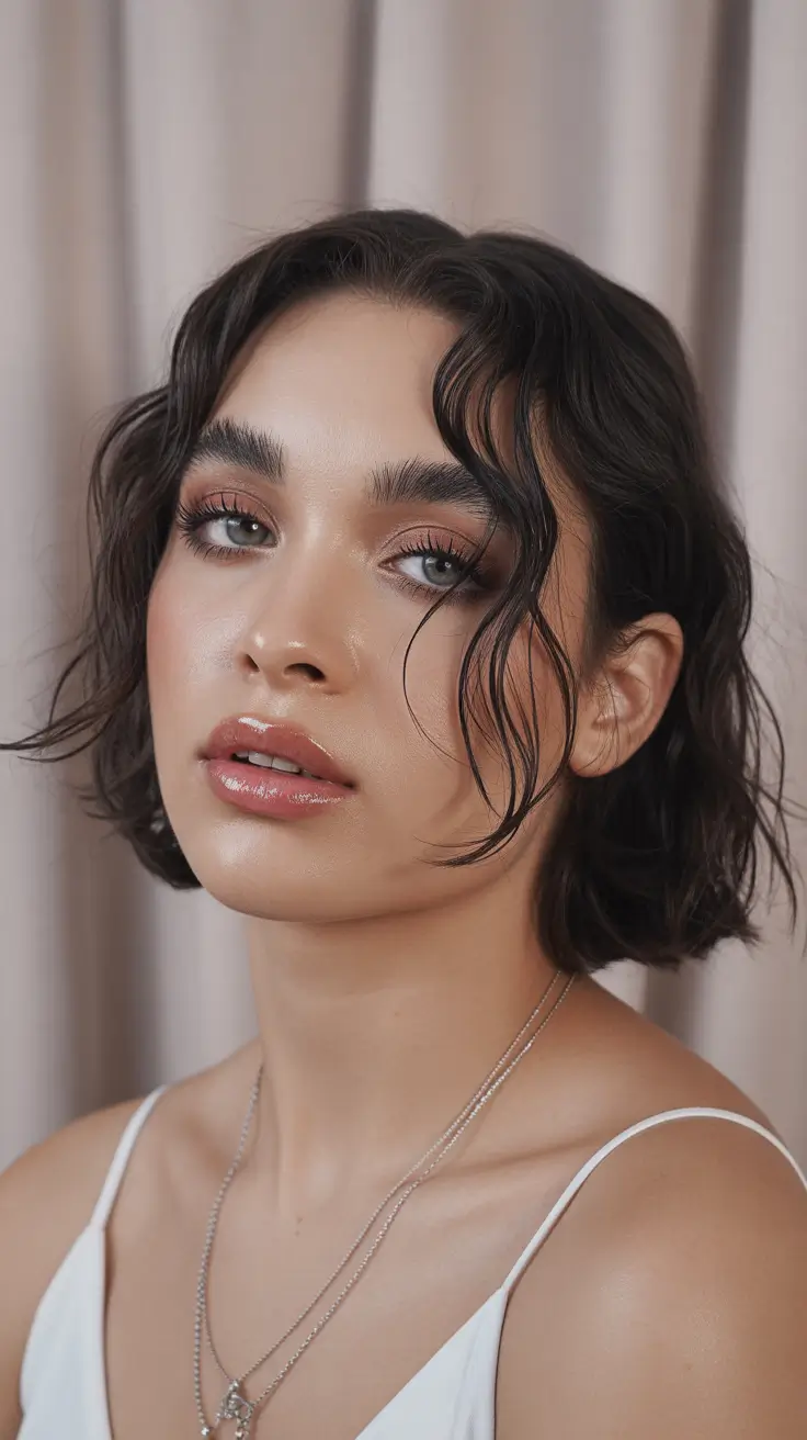 easy spring hair color ideas 2026 to look younger - Soft Dark Curly Bob With Face-Framing Ribbon Highlights