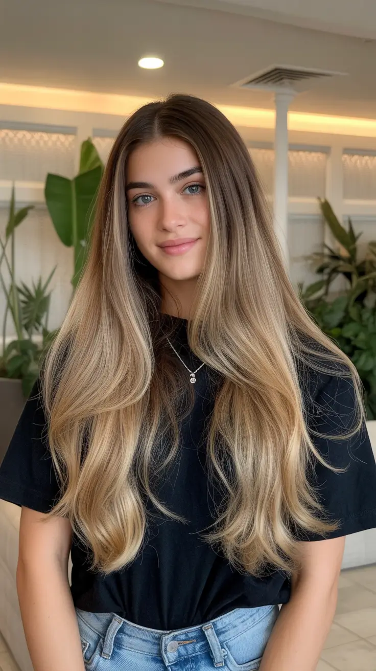 easy spring long haircuts styles 2026 Soft Beige Balayage Waves with Long Layers