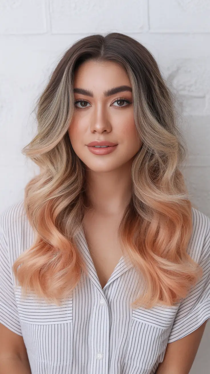 easy spring long haircuts styles 2026 Peach Toned Balayage Waves with Long Layers