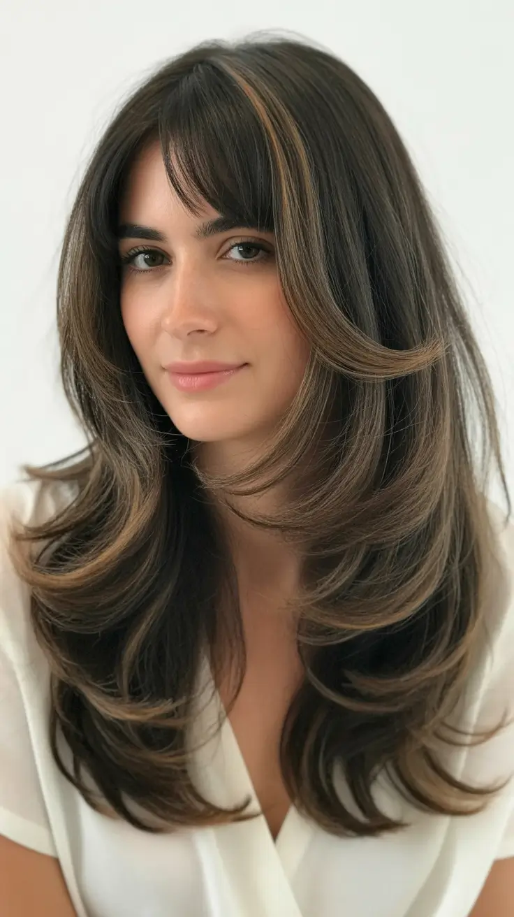 easy spring long haircuts styles 2026 Feathered Long Layers with Curtain Bangs