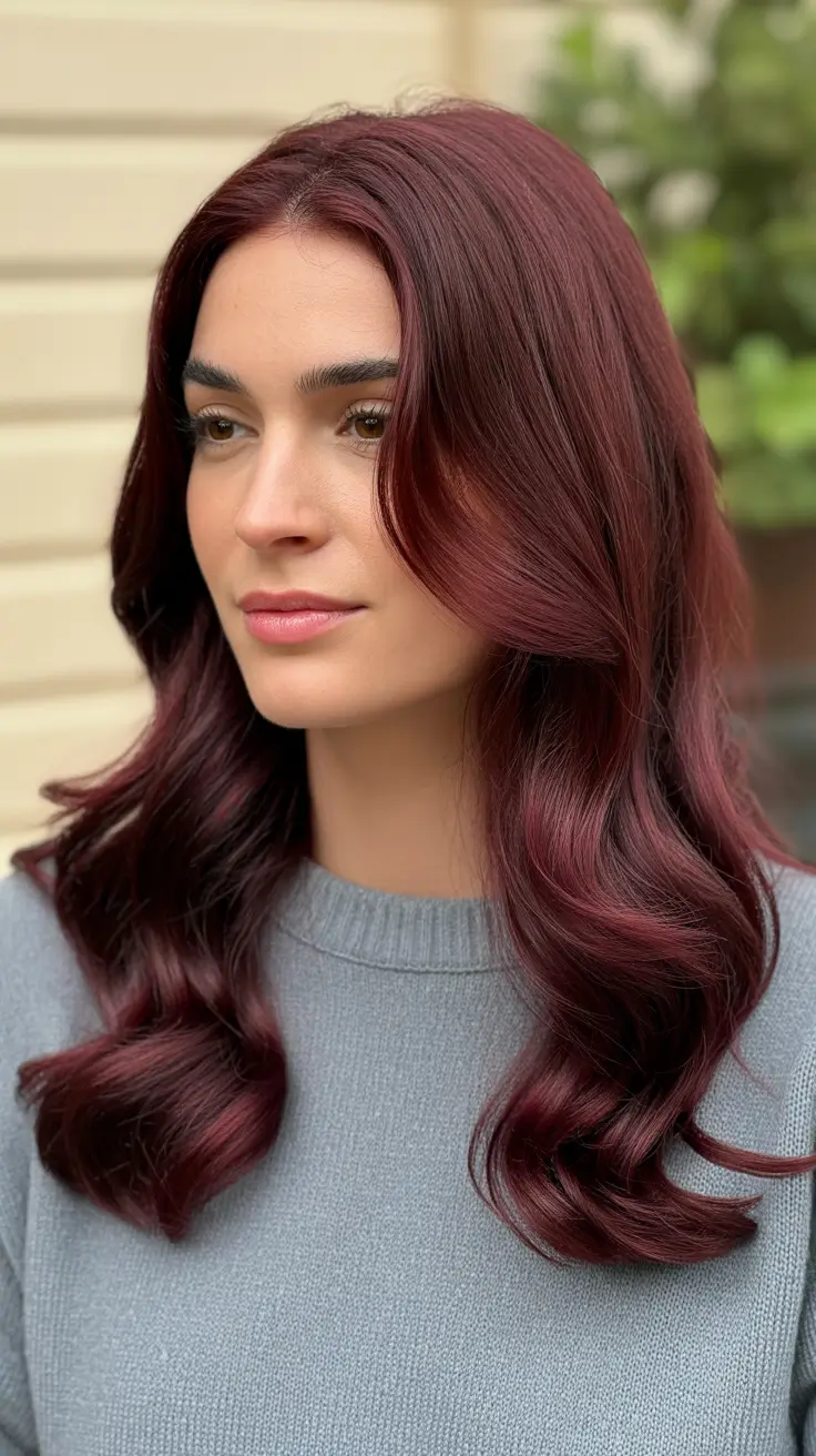 easy spring long haircuts styles 2026 Deep Cherry Brunette Waves with Polished Layers