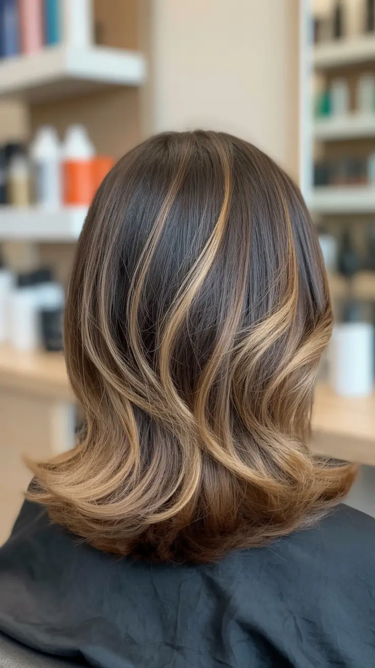 elegant spring balayage hair color 2026 Soft Caramel Ribbons on a Polished Medium Length