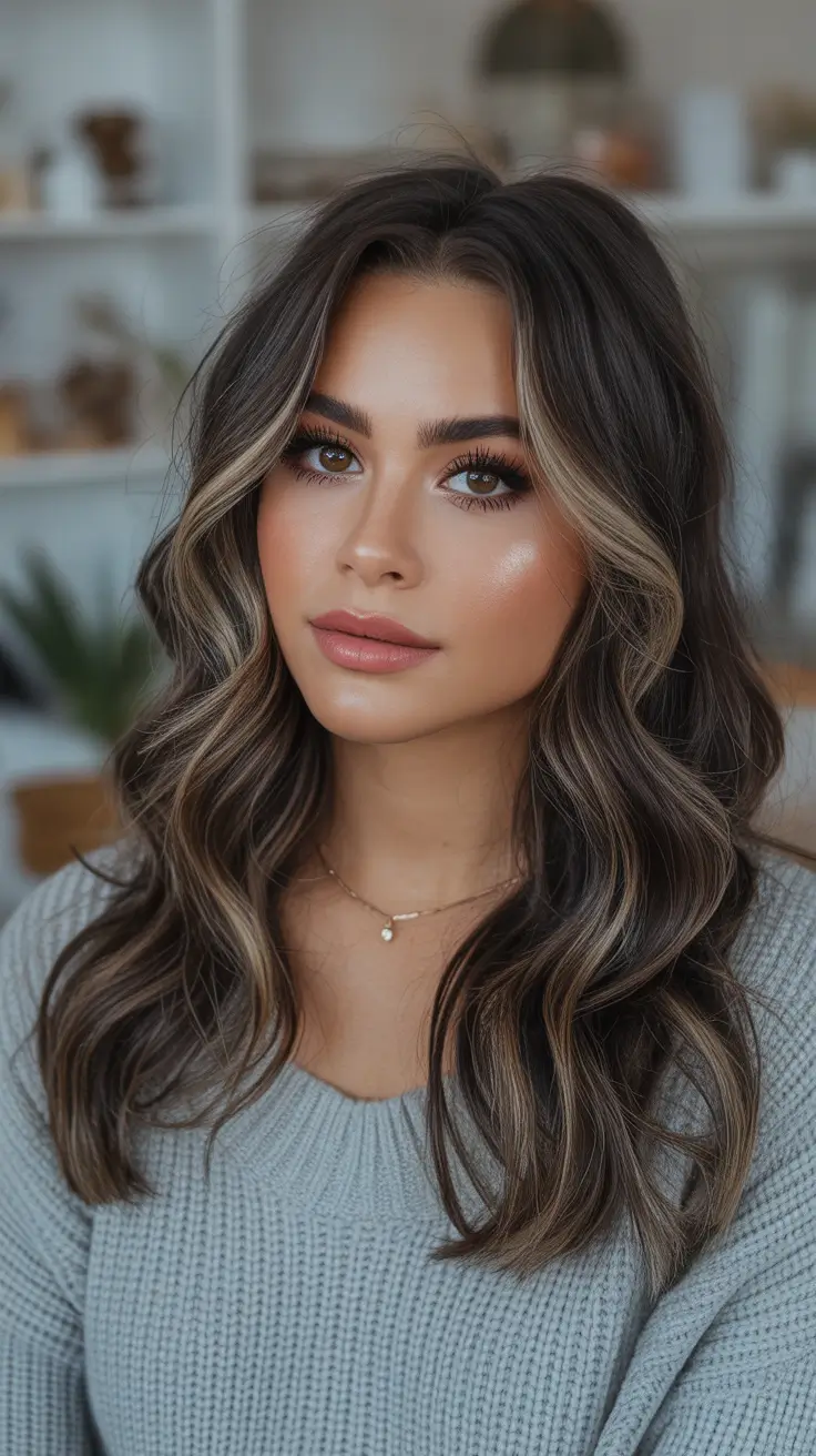 elegant spring balayage hair color 2026 Soft Luxe Brunette Balayage with Face-Framing Glow