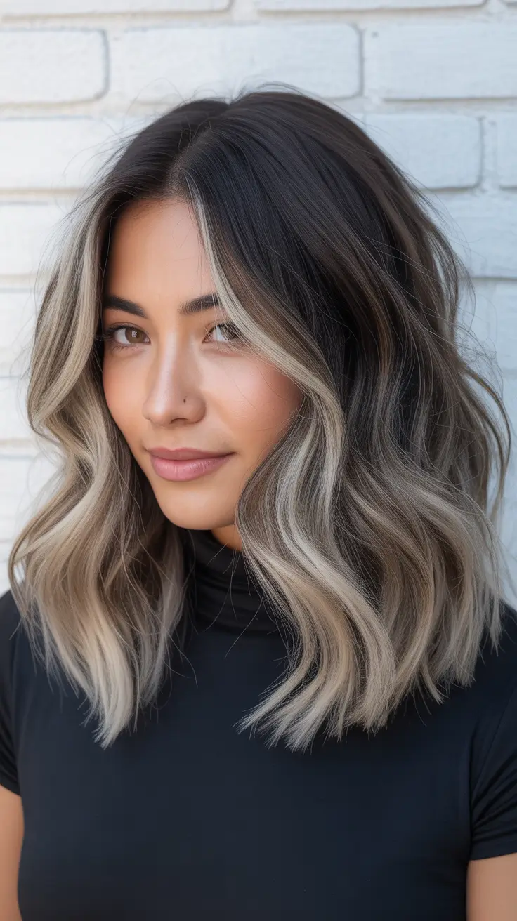elegant spring balayage hair color 2026 Cool-Toned Blonde Balayage on a Textured Medium Bob