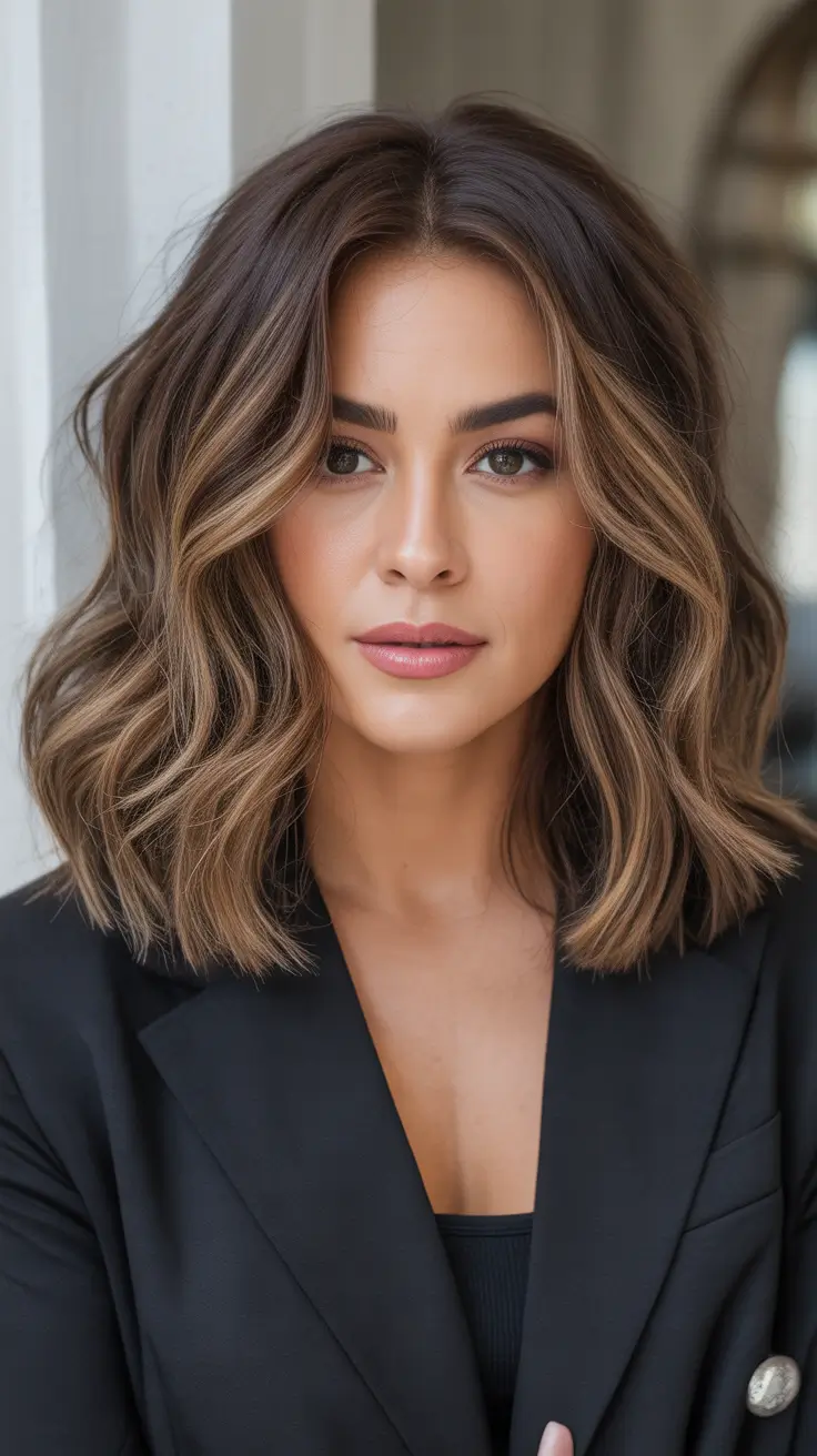 elegant spring balayage hair color 2026 Warm Brunette Balayage with Soft Face Framing for a Chic Bob