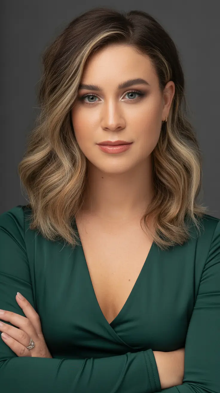 elegant spring balayage hair color 2026 Classic Soft Blonde Balayage on a Curled Medium Bob