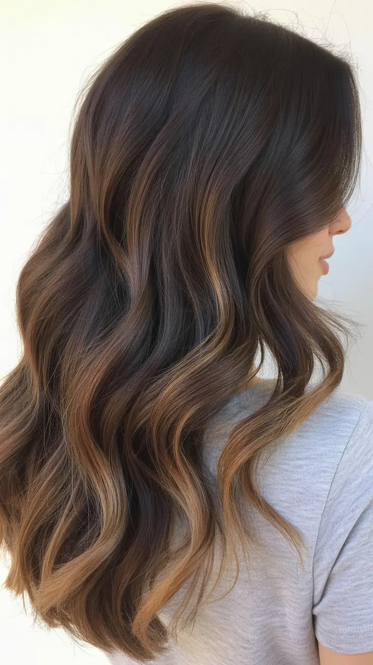 elegant spring balayage hair color 2026 Warm Brunette Balayage with Subtle Caramel Movement