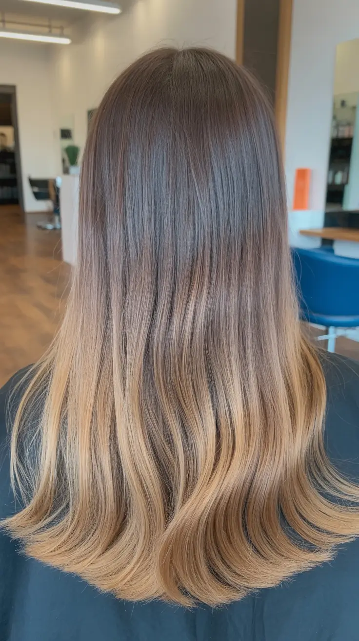 elegant spring balayage hair color 2026 Soft Natural Brunette-to-Blonde Gradient for Sleek Spring Lengths