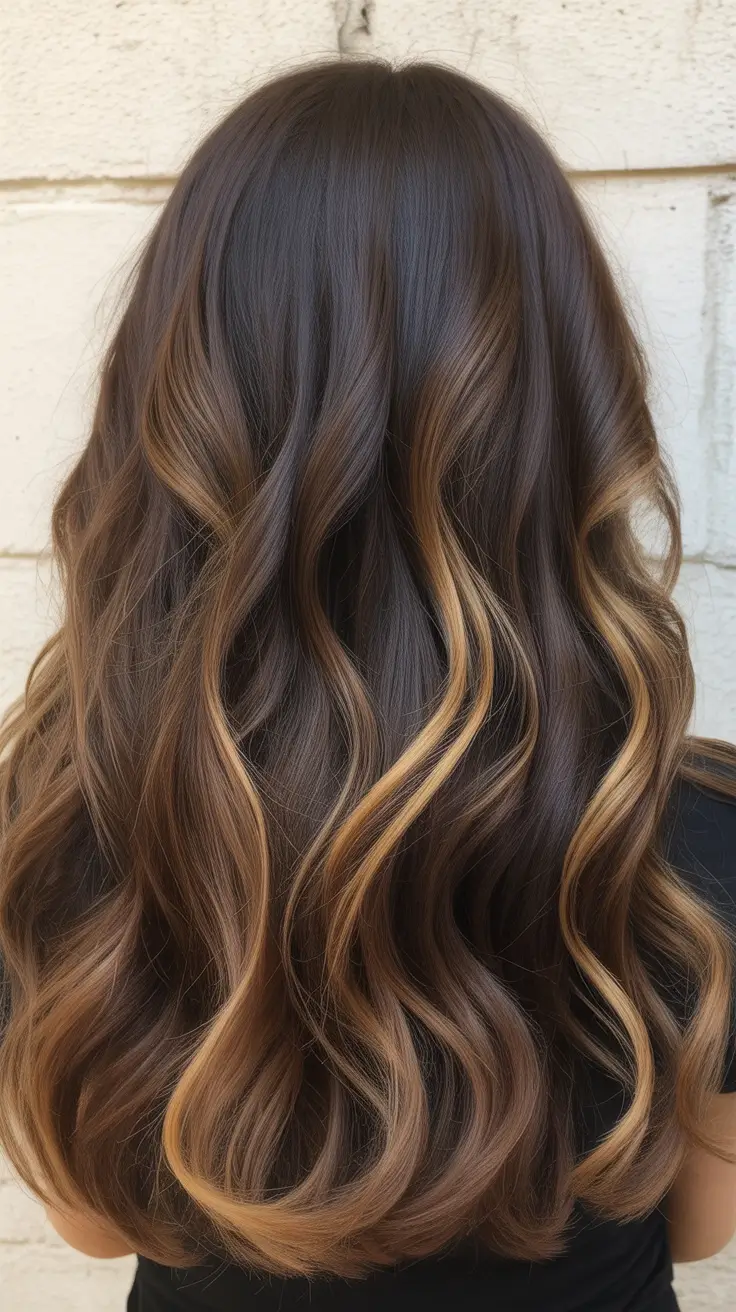 elegant spring balayage hair color 2026 Golden Caramel Waves for Deep Brunette Lengths