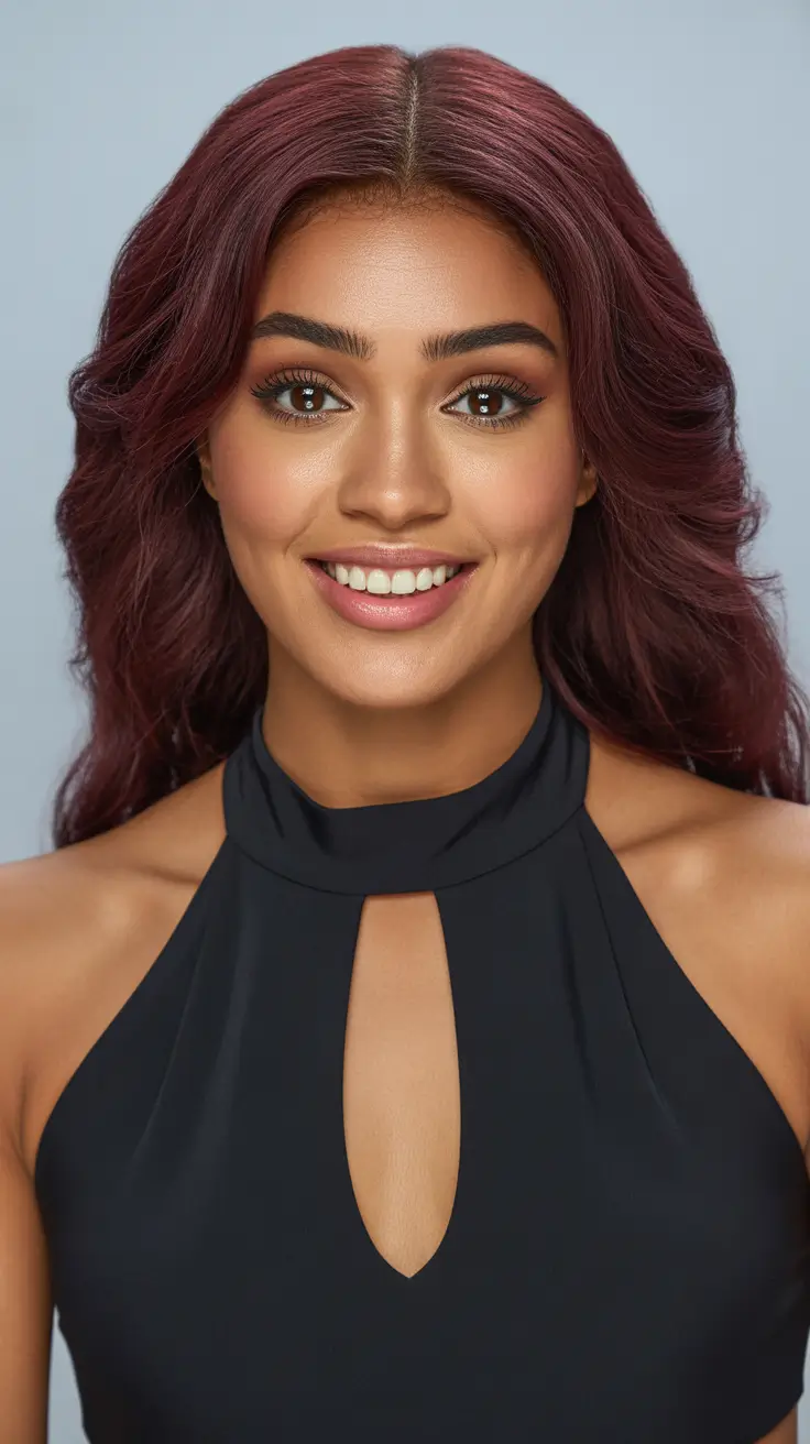 flawless spring hair color for brown skin 2026 Plum Infused Waves With Rich Evening Depth