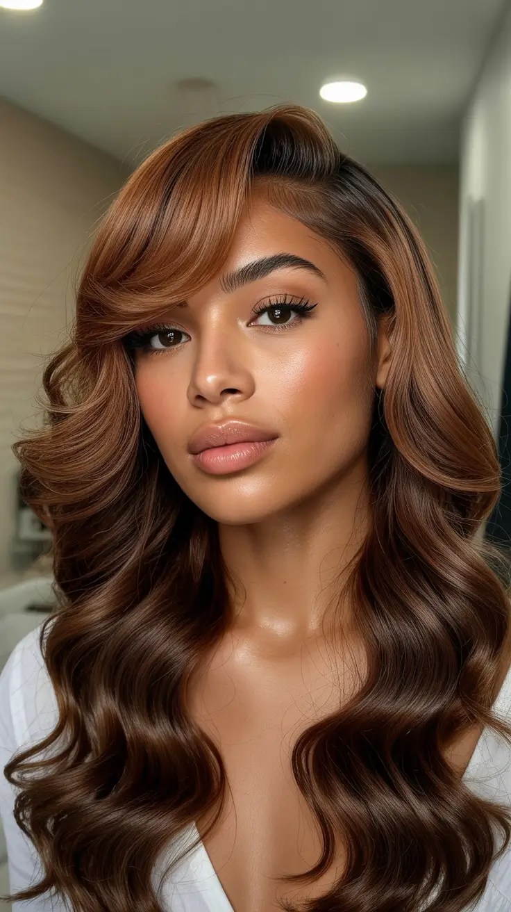 flawless spring hair color for brown skin 2026 Chestnut Waves With Soft Sculpted Shine