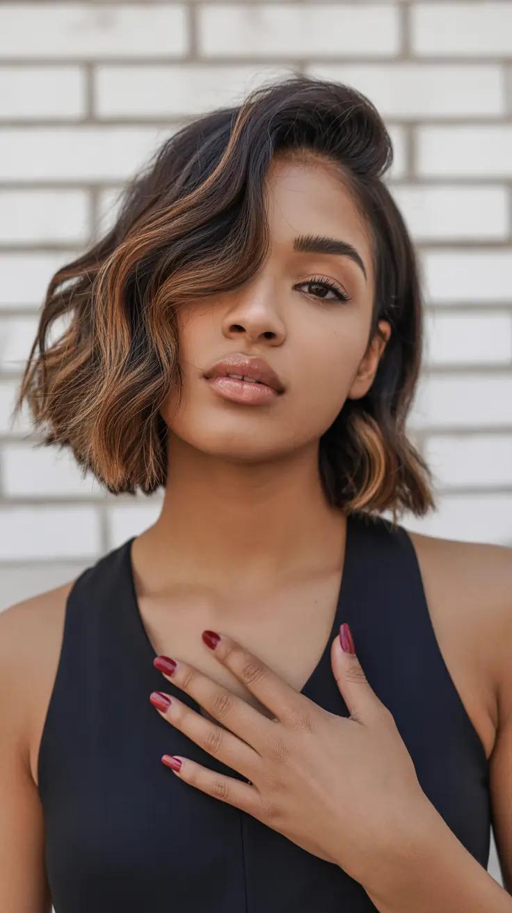 flawless spring hair color for brown skin 2026 Textured Bob With Warm Accent Highlights