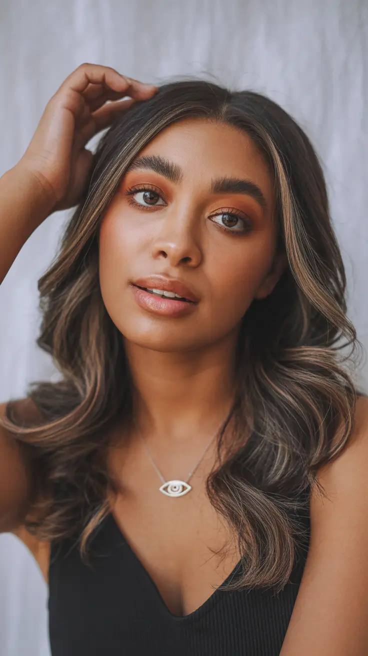 flawless spring hair color for brown skin 2026 Soft Mocha Layers With Light Highlight Movement