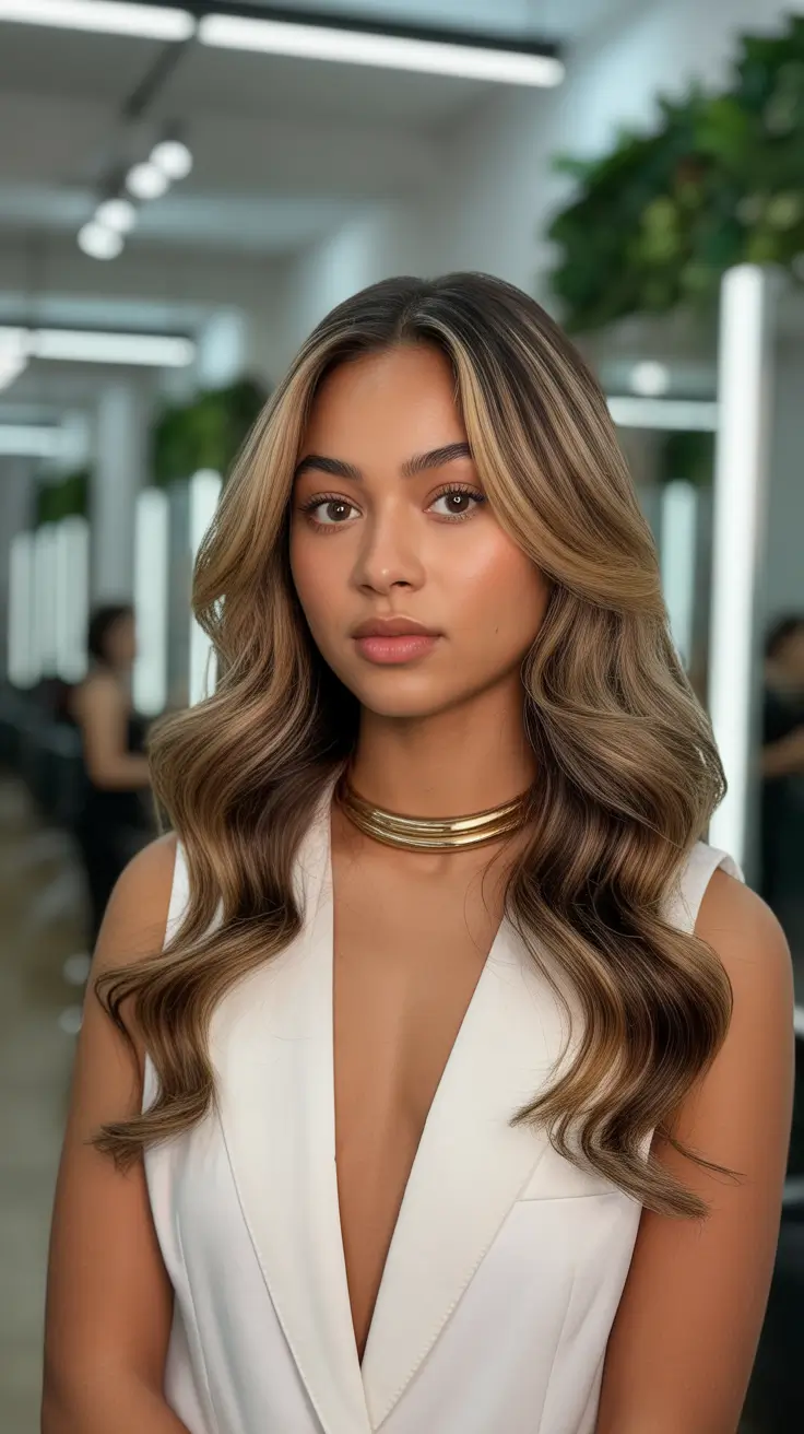 flawless spring hair color for brown skin 2026 Balanced Bronde Waves With Light Movement