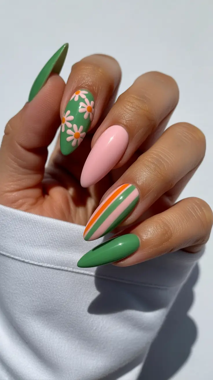 glam spring gel nails 2026 Fresh Daisy Pop with Glossy Green and Pink