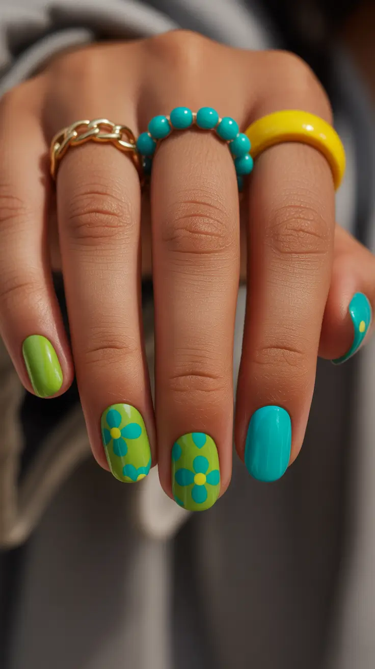 glam spring gel nails 2026 Retro Teal and Lime Short Floral Mix