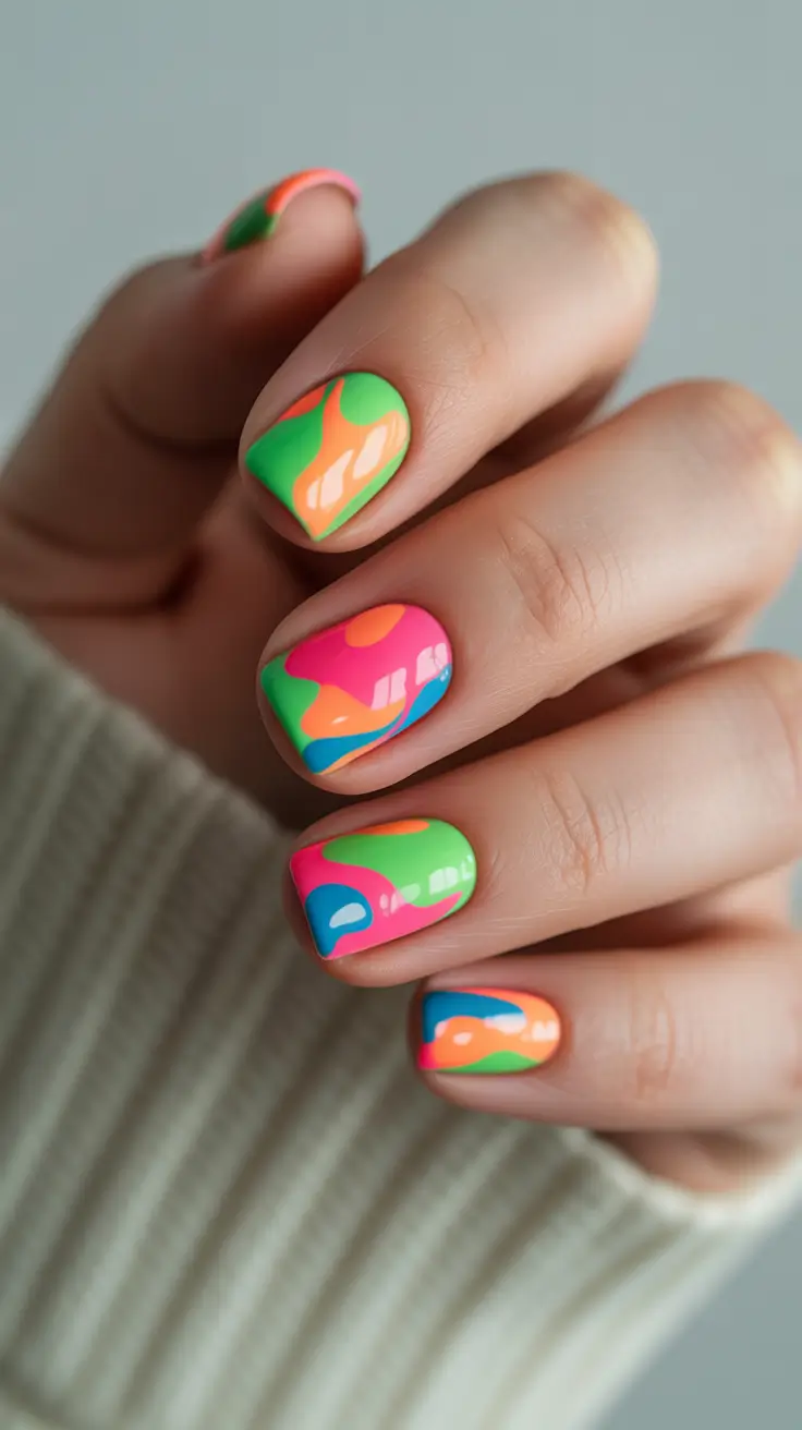 glam spring gel nails 2026 Abstract Neon Short with Multicolor Waves