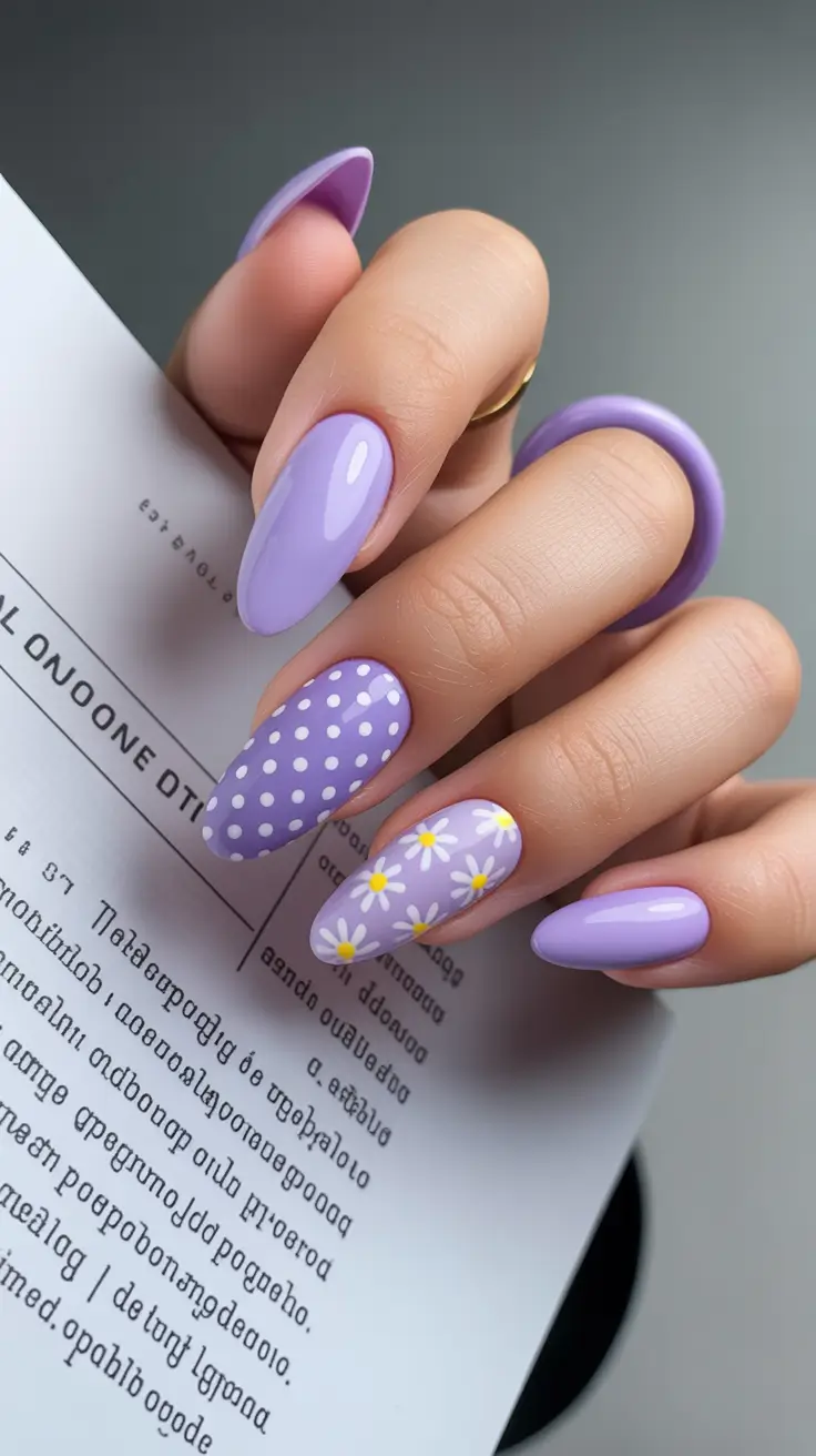 glam spring gel nails 2026 Lavender Almond with Dots and Daisy Mix